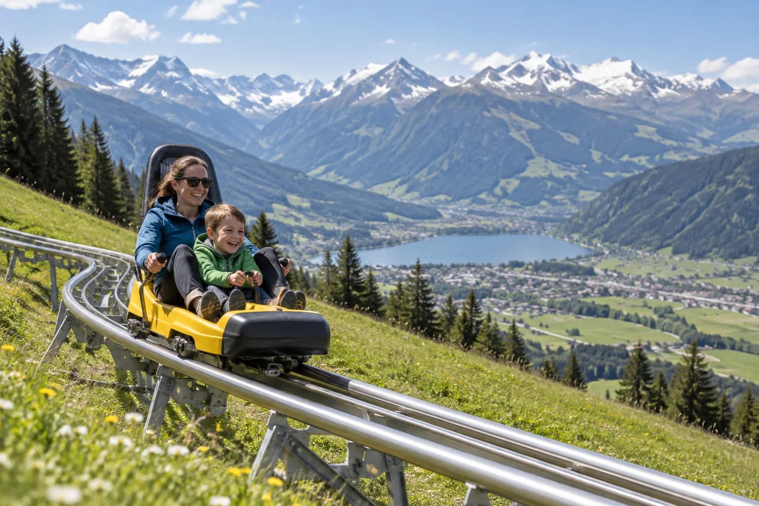 Alpine coaster descending through a mountain landscape