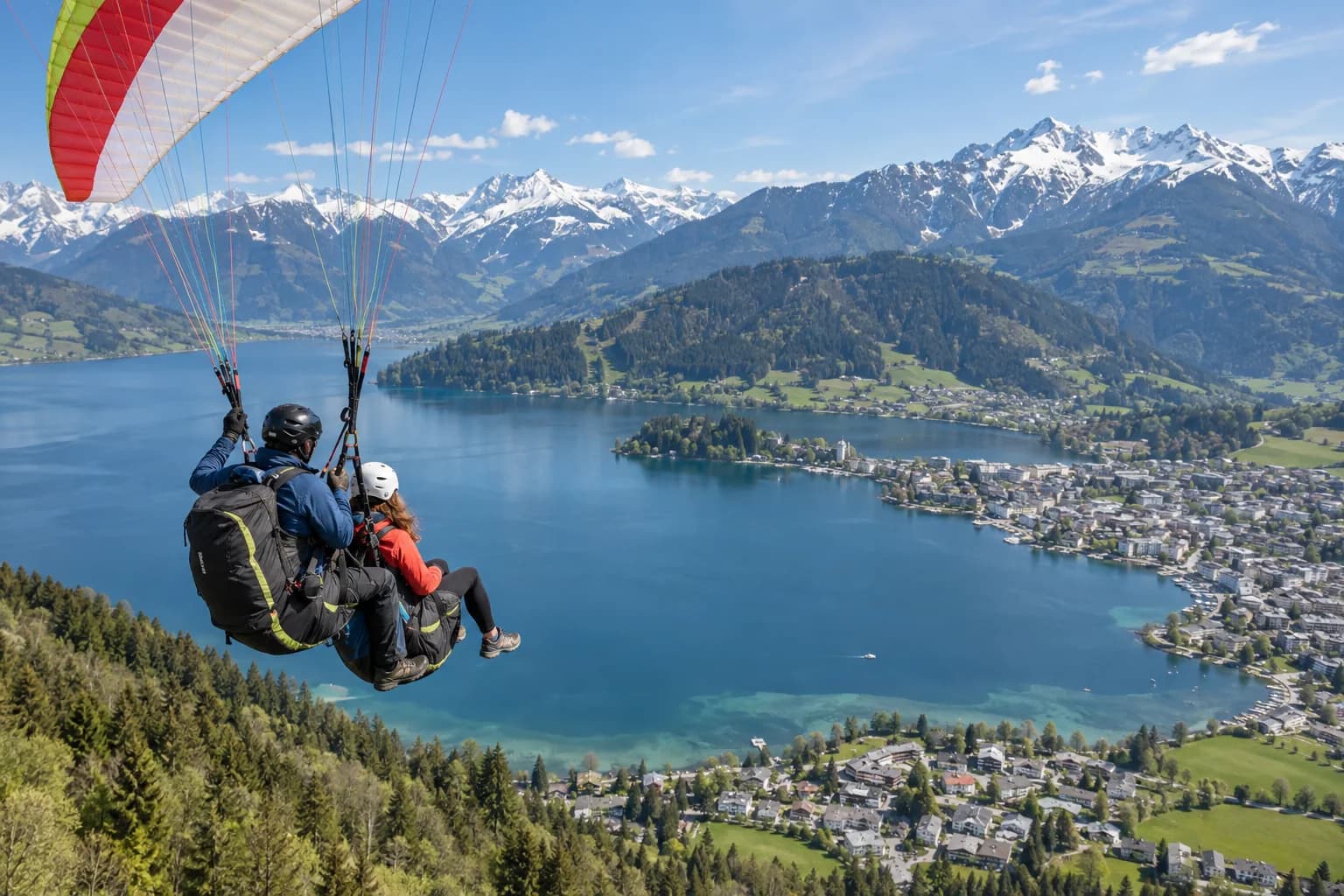 Paraglider flying above Lake Zell and the Alps