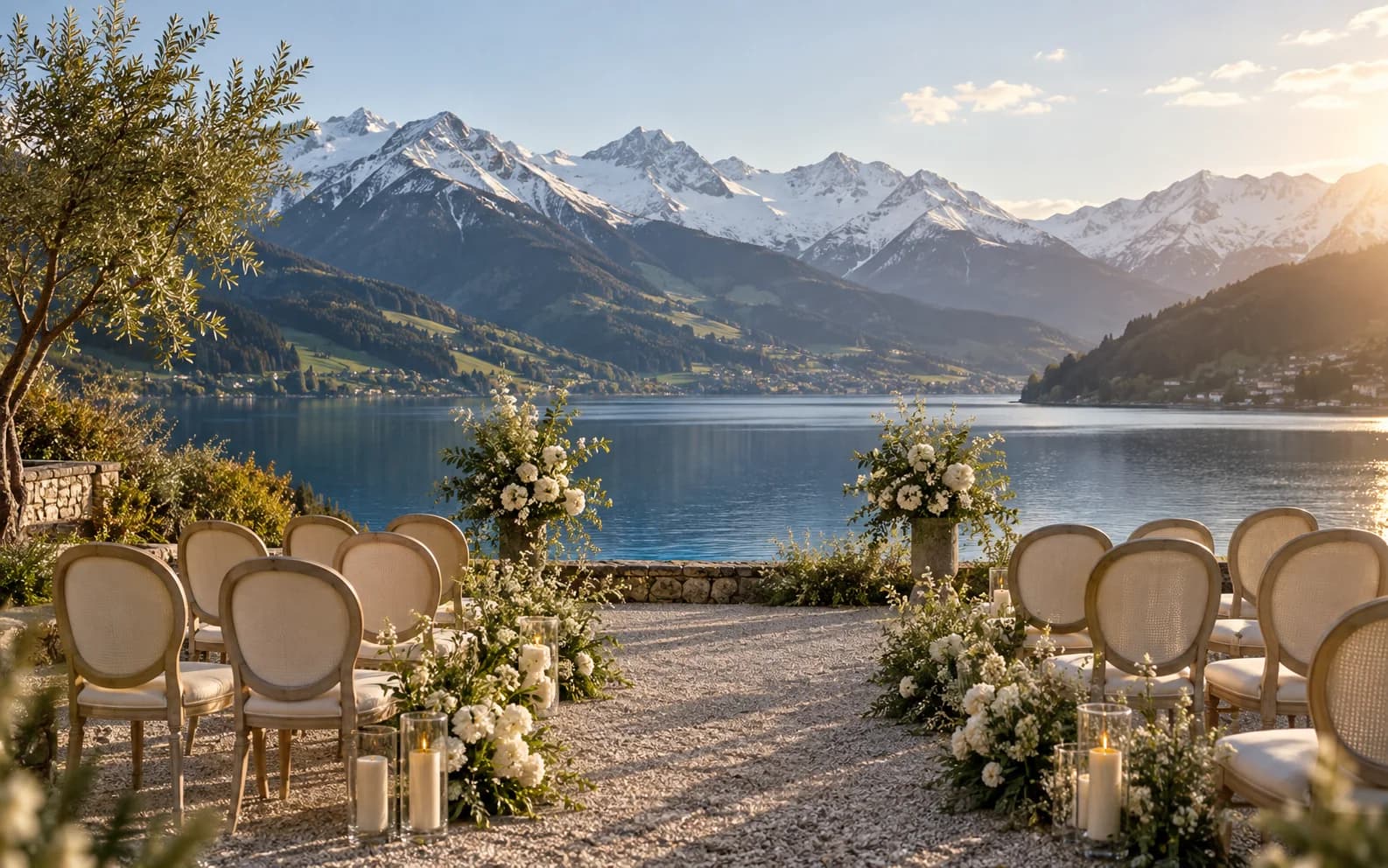 Wedding inspiration beside an Alpine lake with snow-covered mountains